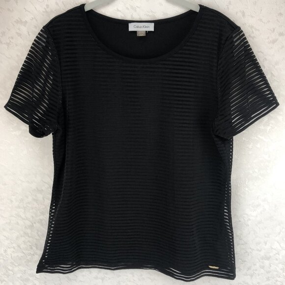 Calvin Klein Black Sheer Stripe Stretch Blouse Elegant with Short Sleeves Size L - Picture 1 of 12